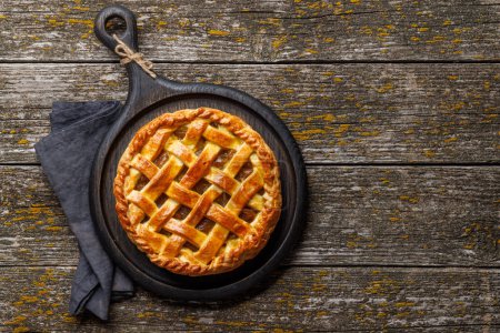 Photo for Delicious Apple Pie with Fresh Red Apples. Flat lay with copy space - Royalty Free Image