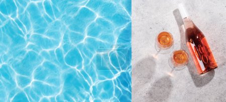 Foto de Vino de rosas refrescante junto a la piscina en un día soleado, las vacaciones de verano perfectas. Vista desde arriba con espacio para su texto - Imagen libre de derechos