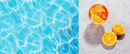 Téléchargez les photos : Cocktail rafraîchissant au bord de la piscine par une journée ensoleillée, les vacances d'été parfaites. Vue d'en haut avec espace pour votre texte - en image libre de droit