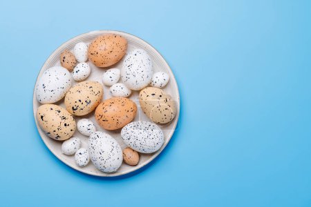 Téléchargez les photos : Délices de Pâques : œufs colorés dans un arrangement festif. Pose plate avec espace de copie - en image libre de droit