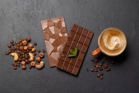 Coffee break bliss: Chocolate bars paired with a cup of coffee. Flat lay with copy space