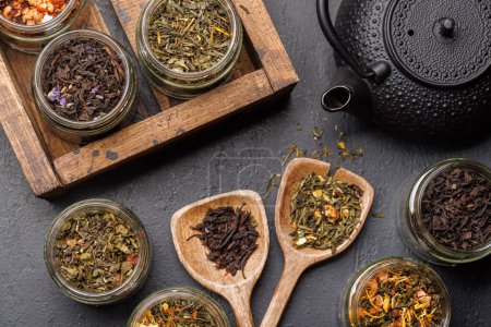 Photo for Tea time assortment: Various dry tea leaves. Flat lay - Royalty Free Image