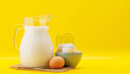 Photo for Pitcher of Milk with Eggs on yellow background with copy space - Royalty Free Image