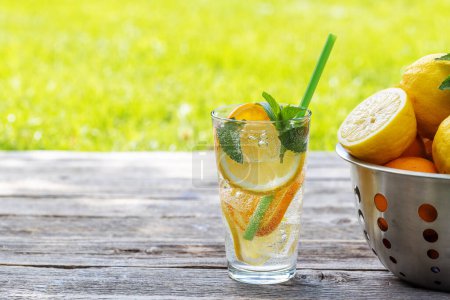 Foto de Refrescante limonada casera servida en una mesa de jardín al aire libre. Bebida fría de verano con cítricos frescos y menta de jardín - Imagen libre de derechos