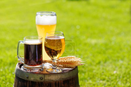 Foto de Variedad de vasos de cerveza en barrica de madera rústica. Soleado al aire libre con espacio de copia - Imagen libre de derechos