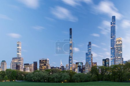 Téléchargez les photos : Gratte-ciel de Manhattan et prairie de Central Park au coucher du soleil - en image libre de droit