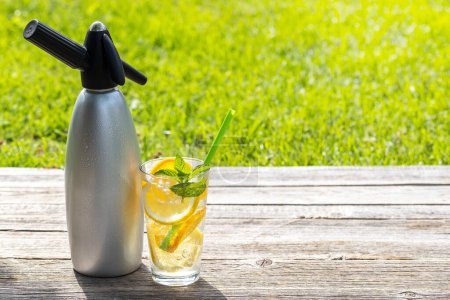 Refreshing homemade lemonade served on an outdoor garden table. Cold summer drink with fresh citrus fruit and garden mint