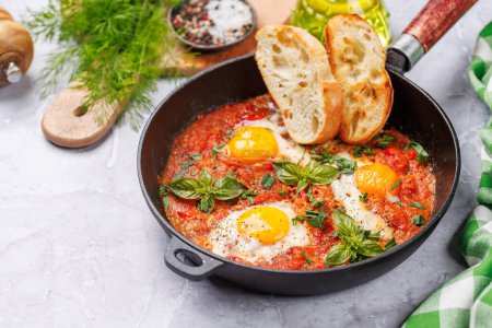 Photo for Delicious shakshuka breakfast in a frying pan. With copy space - Royalty Free Image