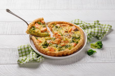 Photo for Fresh fish homemade pie with salmon and broccoli - Royalty Free Image