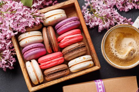 Photo for Colorful macaroons in box, arranged in a delightful display of vibrant hues and irresistible sweetness - Royalty Free Image