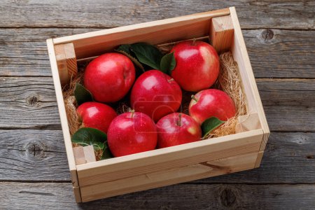 Wooden box with fresh red apples on wood table