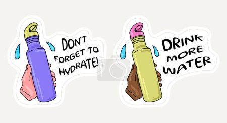 Stay hydrated and drink more water stickers. Hand-drawn bottle of water in hand illustration. Multiethnic hands. Healthy lifestyle, hydration concept motivational. Vector, EPS