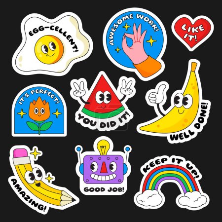 Colorful happy school stickers set for kids. Egg, hand, heart, flower, watermelon, banana, pencil, robot and rainbow. Collection of trendy retro cartoon stickers. Funny comic characters and favorable phrases. Vector, EPS