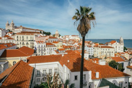 Photo for Lisbon cityscape at sunrise, Portugal. Famous view of the Lisbon old town skyline. Historical district Alfama at early morning in Lisboa city. - Royalty Free Image