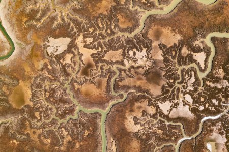Photo for Aerial view of the Ria Formosa national park landscape in Olhao, Algarve region, Portugal. Beautiful fractal shapes of the natural seascape background. Top down spinning shot - Royalty Free Image