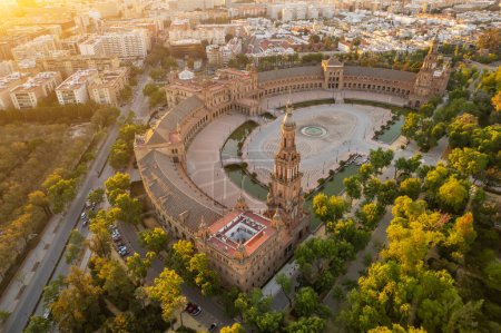 Photo for Plaza de Espana at sunrise in Seville, Spain. Aerial drone photo of the famous Spanish Square and Maria Luisa park in the morning in Seville. Beautiful morning light at Spanish square in Seville - Royalty Free Image