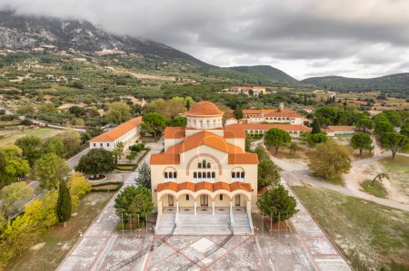 Photo for Monastery of Agios Gerasimos on Kefalonia island, Greece. Sacred Monastery of Agios Gerasimos of Kefalonia, Greece. Aerial drone view. - Royalty Free Image