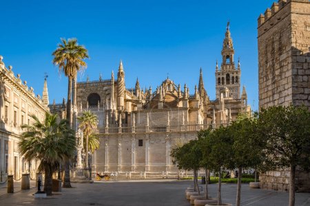 Pferdekutsche in Sevilla mit Giralda-Kathedrale im Hintergrund, Andalusien, Spanien