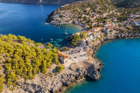Photo for Picturesque Assos town on Kefalonia island, Ionian sea, Greece. Aerial view of the Greek summer resort Assos village, Cephalonia island. Beautiful sea coast of Greece. - Royalty Free Image