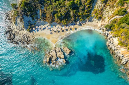 Photo for Beautiful Xigia sandy beach on Zakynthos island, Ionian sea, Greece. Aerial top down view of the small Xigia beach on Zante Greek island. - Royalty Free Image