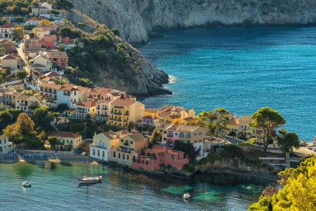 Photo for Picturesque Assos town on Kefalonia island, Ionian sea, Greece. Panorama view of the Greek summer resort Assos village, Cephalonia island. Beautiful sea coast of Greece. - Royalty Free Image