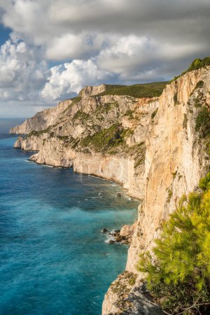 Photo for Top view of a beautiful Zakynthos island coast with high cliffs and turquoise sea water in Greece. Travel destination of the Zante island in Greece. - Royalty Free Image