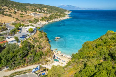 Photo for Xigia Sulfur Beach on Zakynthos island, Ionian sea, Greece. Aerial view of the bay of Xigia with a sulphur and collagen spring on the island of Zante, Greece. - Royalty Free Image