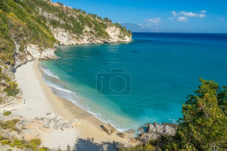 Photo for Beautiful Pelagaki sand beach on Zakynthos island, Ionian sea, Greece. Aerial view of the small Pelagaki beach at sunny day on Zante Greek island. - Royalty Free Image