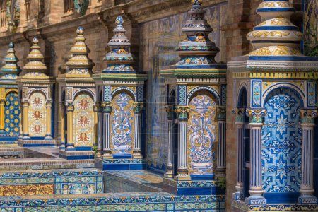 Photo for Beautiful ceramic decoration of the Spanish square in Seville, Spain. Decoration details of the majolica balustrades at Plaza de Espana. Azulejos tiles - Royalty Free Image