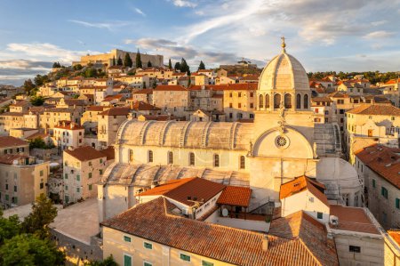 Photo for Aerial view of the Cathedral of Saint James at sunset in Sibenik old town, Dalmatia, Croatia. Famous historic and touristic town in Croatia. UNESCO World Heritage List. - Royalty Free Image