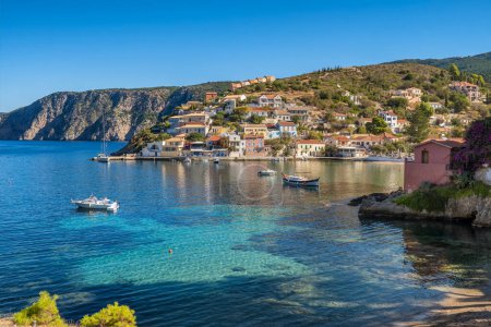Photo for Picturesque Assos town on Kefalonia island, Ionian sea, Greece. Greek summer resort Assos village in summer, Cephalonia island. Beautiful sea coast of Greece. - Royalty Free Image