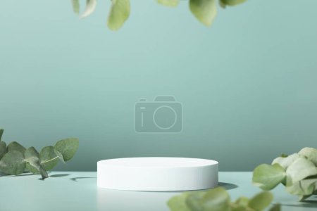 Téléchargez les photos : Podium blanc vide abstrait avec feuilles d'eucalyptus et ombres sur fond bleu. Maquette stand pour la présentation des produits. 3D Render. Concept minimal. Modèle de publicité - en image libre de droit