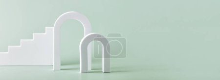 Photo for Abstract background with various geometrical forms arches and stairs on pastel green background for product presentation. Podium to show cosmetic products. - Royalty Free Image