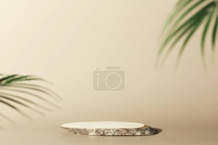 Photo for Minimal modern product display on neutral beige background. Wood slice podium and green leaves. Concept scene stage showcase for new product, promotion sale, banner, presentation, cosmetic - Royalty Free Image