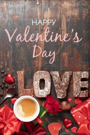 Photo for Valentines day background with cup of coffee, chocolate, gifts, roses and love wooden letters. Valentines day concept. Top view. - Royalty Free Image