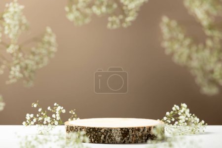 Photo for Minimal modern product display on neutral beige background. Wood slice podium and white flowers. Concept scene stage showcase for new product, promotion sale, banner, presentation, cosmetic - Royalty Free Image