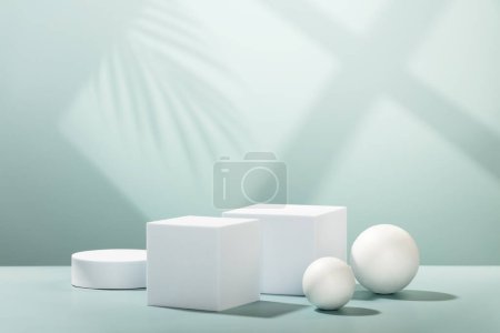 Téléchargez les photos : Abstract empty geometric shape podiums for product and shadows on pastel blue background.. Mock up stand for product presentation. 3D Render. Minimal concept. Advertising template - en image libre de droit