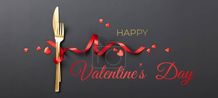 Photo for Fork and knife tied with a red ribbon on black background. Romantic dinner. Valentines Day. Top view, flat lay - Royalty Free Image