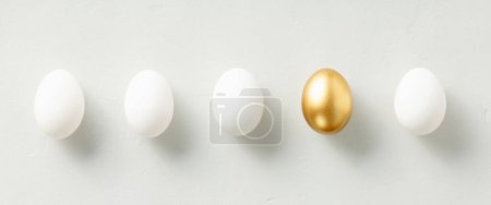 Téléchargez les photos : White chicken eggs with one golden egg flat lay top view banner. standing out from the crowd - en image libre de droit