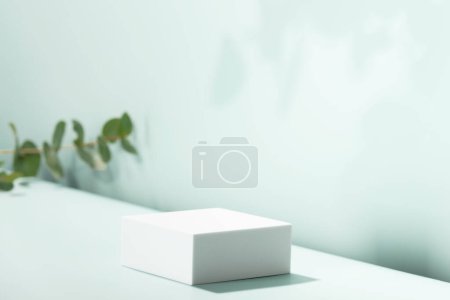 Photo for Abstract empty white podium with eucalyptus leaves and shadows on blue background. Mock up stand for product presentation. 3D Render. Minimal concept. Advertising template - Royalty Free Image