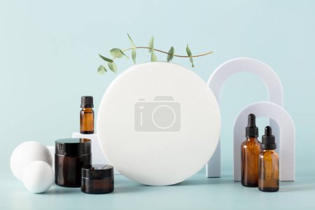 Photo for Various blank cosmetic container mock-ups on podiums and geometrical forms. Background for branding and packaging presentation. Natural skincare beauty product concep - Royalty Free Image