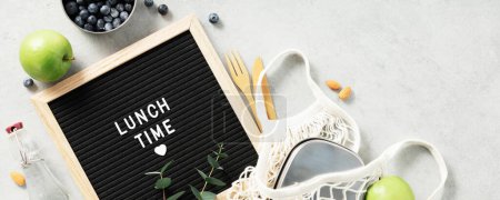 Photo for Lunch time letter board and healthy food flat lay. Vegan eating, eco friendly, zero waste concept banner - Royalty Free Image