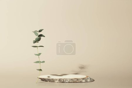 Photo for Minimal modern product display on neutral beige background. Wood slice podium and green leaves. Concept scene stage showcase for new product, promotion sale, banner, presentation, cosmetic - Royalty Free Image