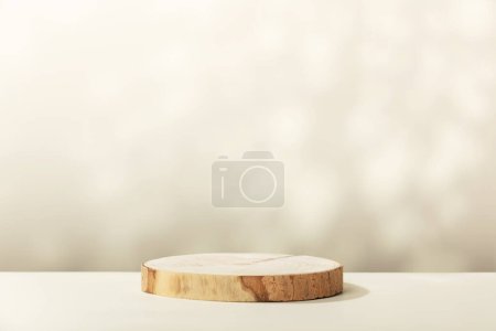 Photo for Abstract empty Wood slice podium with leaves shadows on beige background. Mock up stand for product presentation. 3D Render. Minimal concept. Advertising template - Royalty Free Image