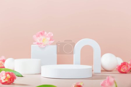Photo for Podium, stand, showcase on pastel light, pink background and flowers. for premium product with nature plant, leaves.3d render. - Royalty Free Image
