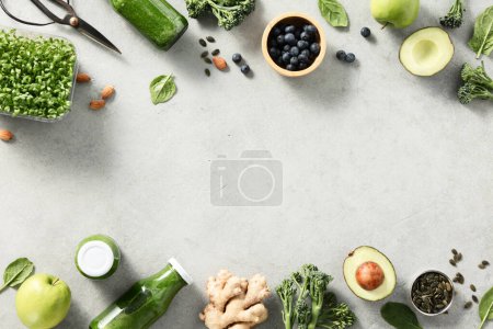 Photo for Vegetarian vegan healthy ingredients and green smoothie on grey stone background. Healthy eating, eco friendly, zero waste concept copy space food frame mockup - Royalty Free Image