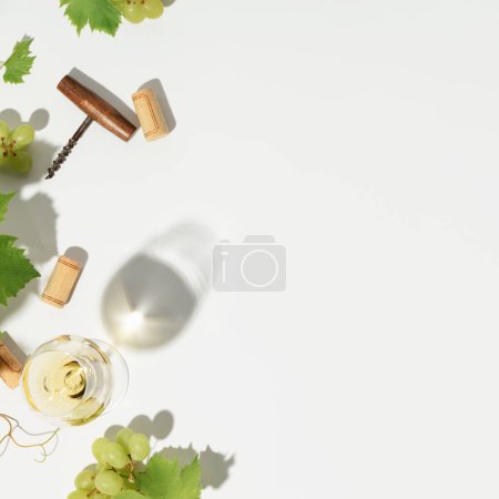 Foto de Wine composition on white background . Wine bar, winery, wine degustation concept. Minimalistic trendy photography. Copy space - Imagen libre de derechos