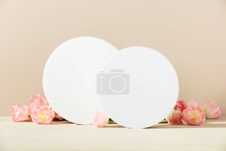 Photo for White foam circle shaped pedestals and spring tulips on beige table with copy space, side view. Podium mockup background for products. Advertising template. Foam platform. Abstract geometric pedestal. - Royalty Free Image