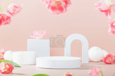 Photo for Podium, stand, showcase on pastel light, pink background and flowers. for premium product with nature plant, leaves.3d render. - Royalty Free Image