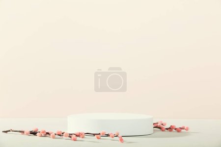 Photo for White foam circle podium and spring flowers on pink background. Mock up stand for product presentation. 3D Render. Minimal concept. Advertising template - Royalty Free Image